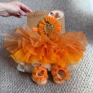 Elly & Emmy Baby Girls Pumpkin Tutu Headband Booties Photo Op Set Orange 0-12M